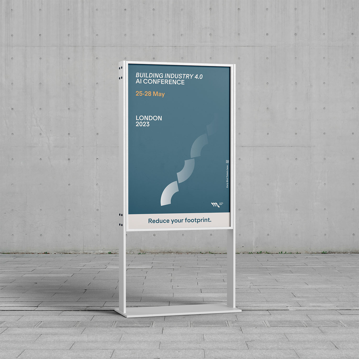 poster for metislabs conference with claim "reduce your footprint" stand in huge empty room