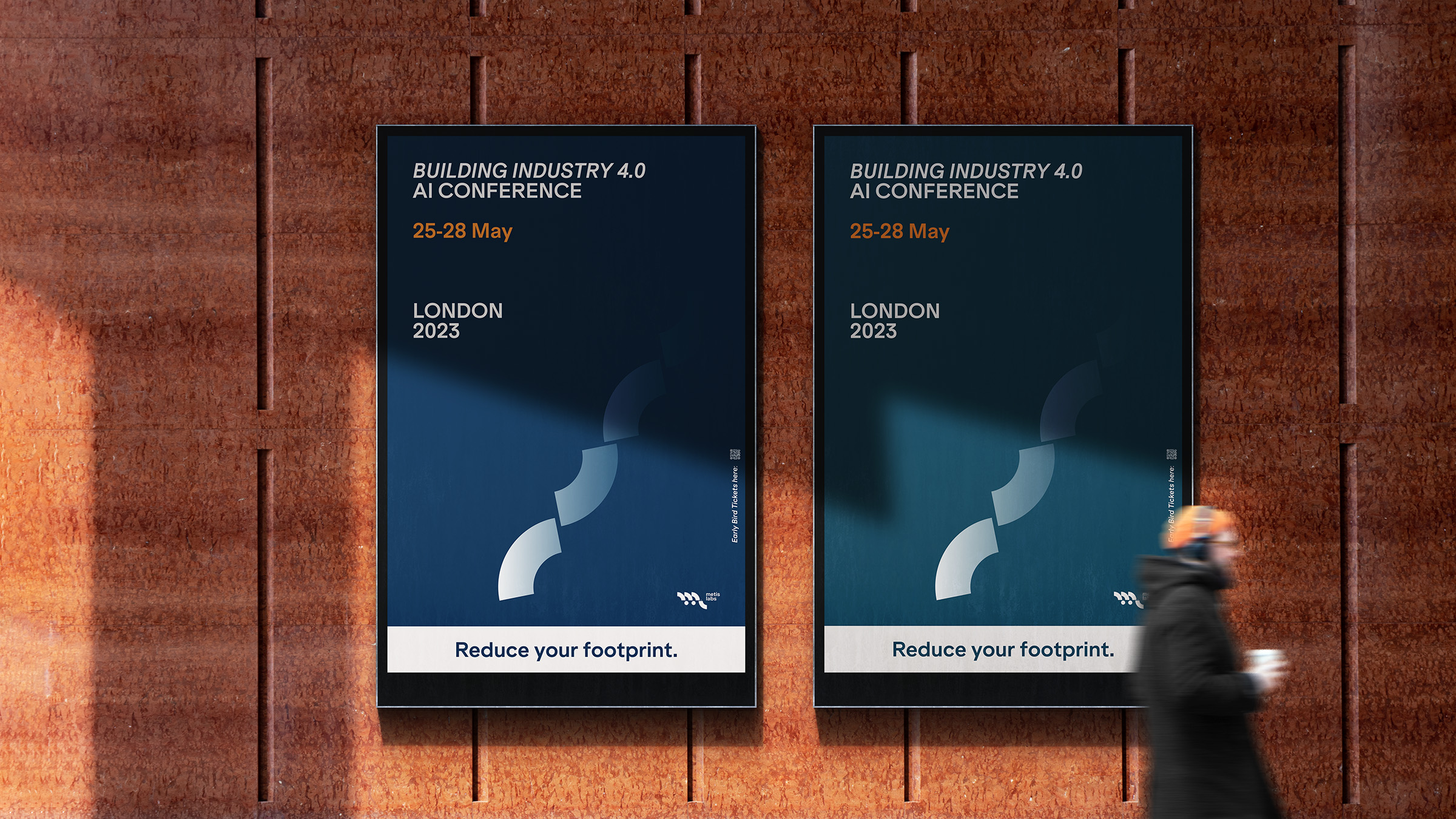 metislabs conference poster hanging on a wall with person walking in front