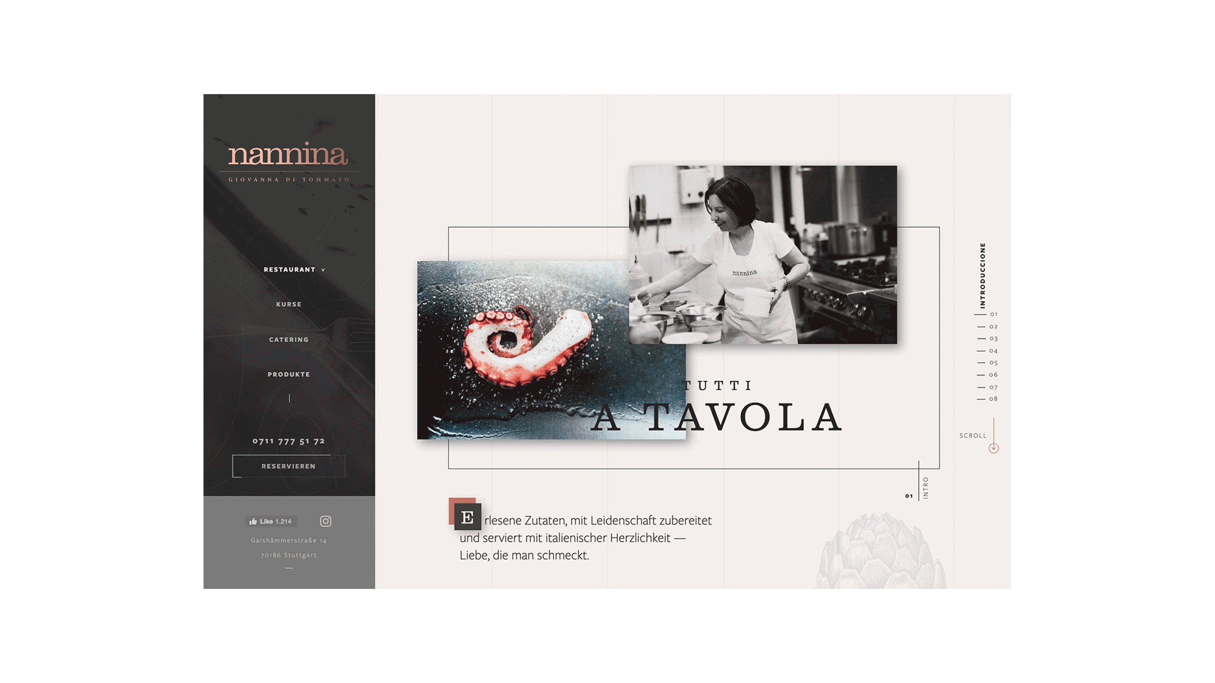 first screen of nannina's homepage with reservation button